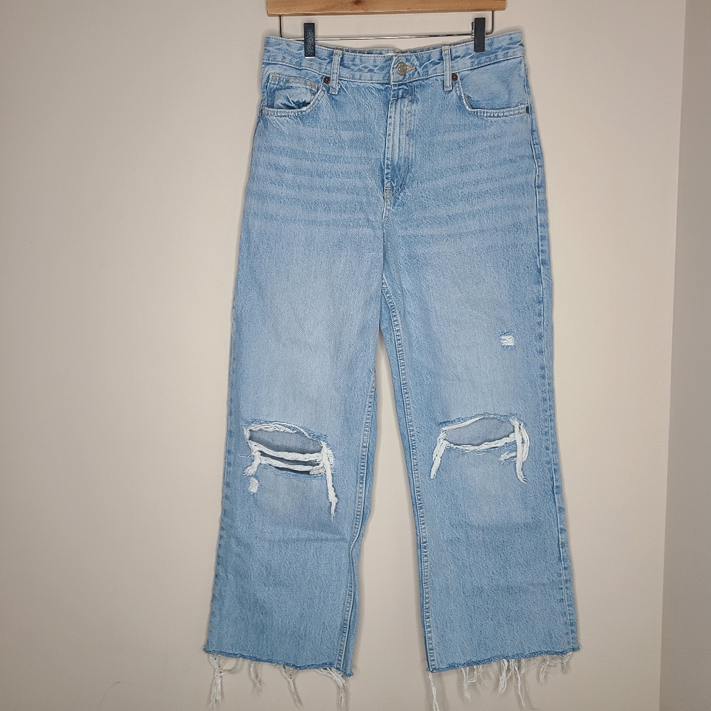 Zara High Rise Wide leg Ripped Jeans  Denim‎ Blue Size 8